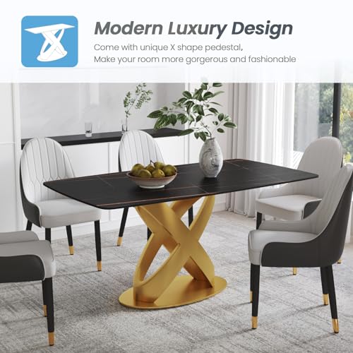 Modern Rectangle Marble Dining Table for 4,63" Black Marble Sintered Stone Top DiningTable,Rectangle Dining Room Table with Unique X-Shape Carbon Steel Pedestal for Kitchen/Living Room(Table Only)