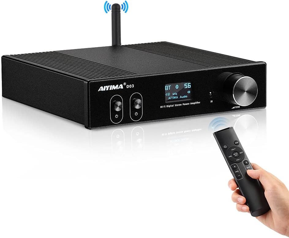 AIYIMA D05 Bluetooth 5.0 Power Amplifier 120Wx2 Stereo HiFi 2.1 CH Digital Sound Amplificador 24Bit/192kHz Class D Amp USB DAC Coaxial Optical OLED AptX, Support Subwoofer & with Remote (D05)