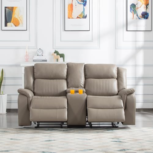 Sofa Chair, Reclining Sofa Couch with Pillow Top Armrest, 2 Built-in Aluminum Cup, Storage, Double Recliner RV Sofa & Console for Home Theater Living Room