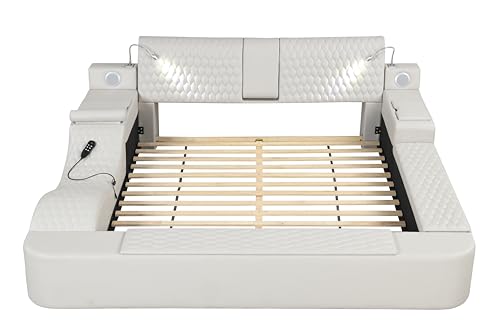 Multifunction King Bed Frame, Luxury Leather Bed Frame with Adjustable Headboard Massage Recliner/USB Port/Music Speaker/Storage Footstool/Storage Shelf, Modern Smart Bed(Black)