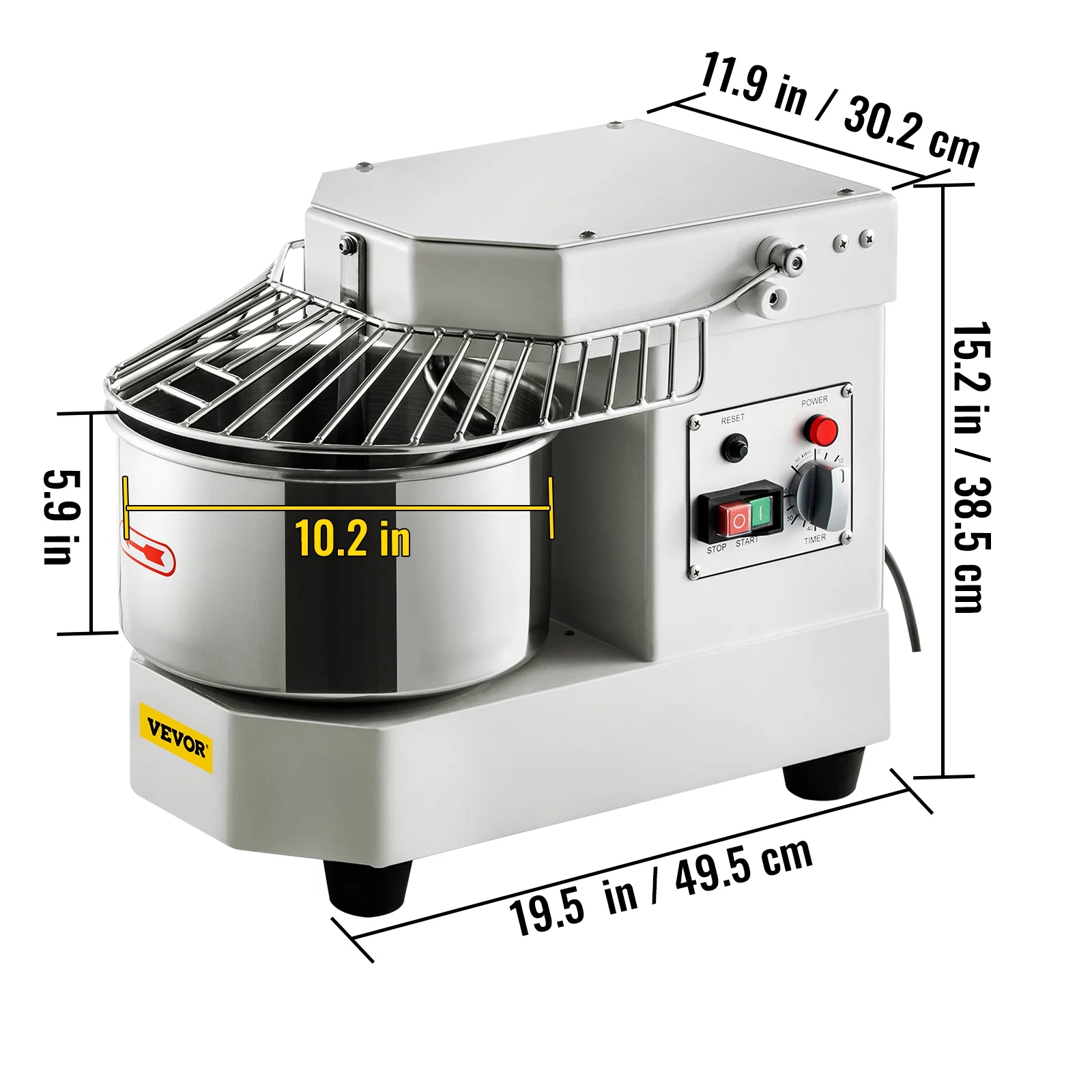 VEVORbrand Commercial Food Mixer, 7.3Qt Capacity, 450W Dual Rotating Dough Kneading Machine with Food-grade Stainless Steel Bowl, Security Shield & Timer Included, Baking Equipment