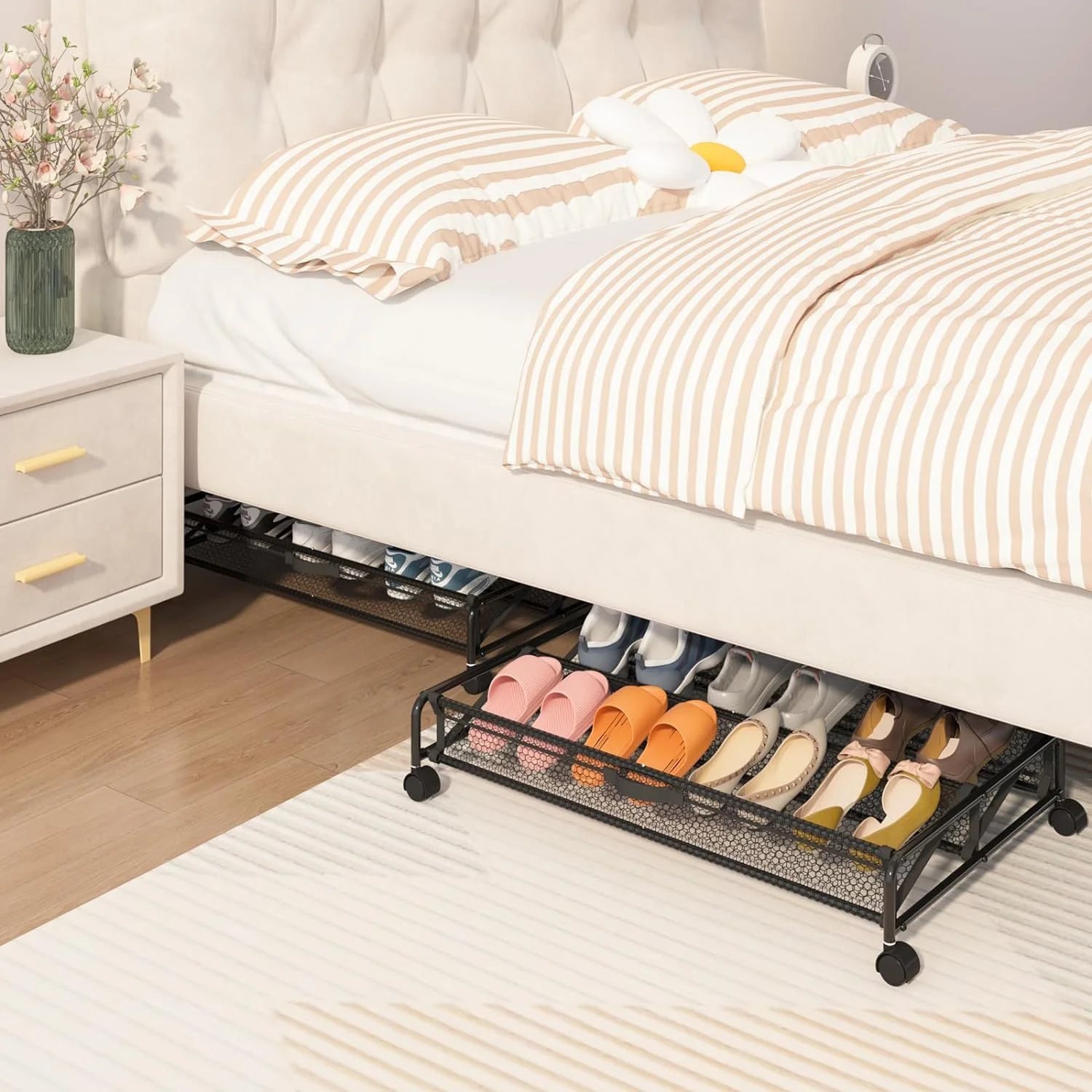 Under Bed Shoes Storage - 2 Pack Rolling Under-bed Storage Containers with Wheels, Breathable Mesh Fabric with Metal Frame