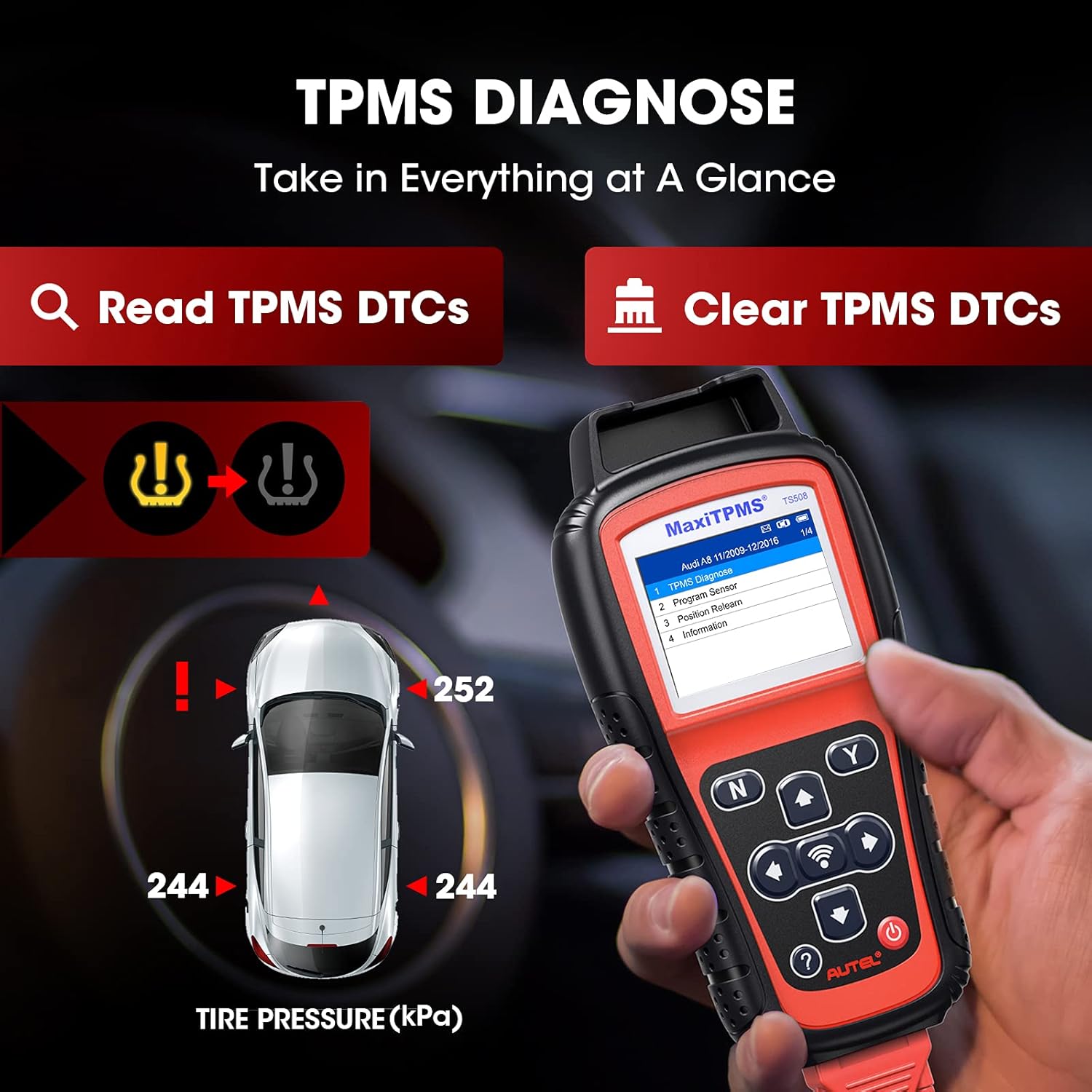 Autel MaxiTPMS TS508 TPMS Relearn Tool, 2022 TPMS Programming Tool for MX-Sensors (315/433 MHz) TPMS Relearn/Activate All Sensors, TPMS Scan Tool Read/Clear DTCs, TPMS Reset (Upgraded of TS408/501)