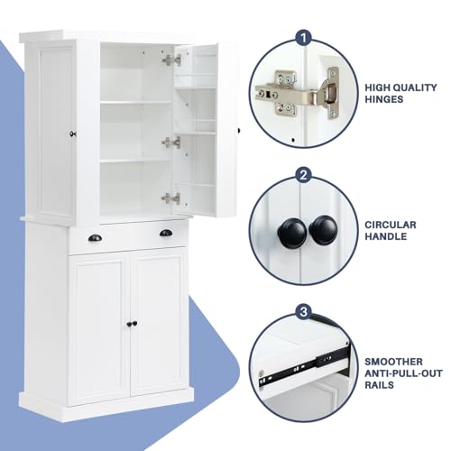 HollyHOME 72" Kitchen Pantry Cabinet, Storage Cabinet with 4 Doors and 1 Drawer, Freestanding Cupboard with Adjustable Shelves and 6 Door Shelves for Kitchen, Dining Room, Living Room, White