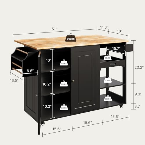 Gizoon Rolling Kitchen Island with Drop Leaf, 60.6" Width Wood Countertop, Kitchen Carts on Wheels with Large Storage Cabinet, Adjustable Shelf, Spice Towel Rack, Removable Tray, White