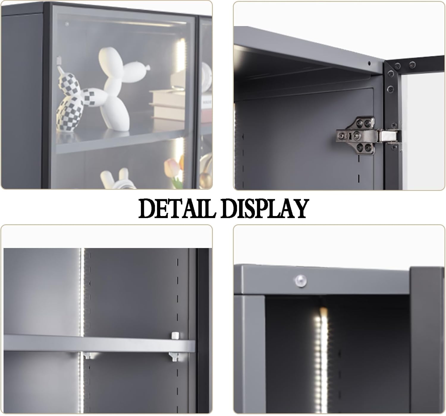 Glass Display Cabinet, Curio Cabinets with LED Lights Set and 4-Tier Shelves, Storage Cabinet for Collectibles, Living Room, Bedroom （Grey）