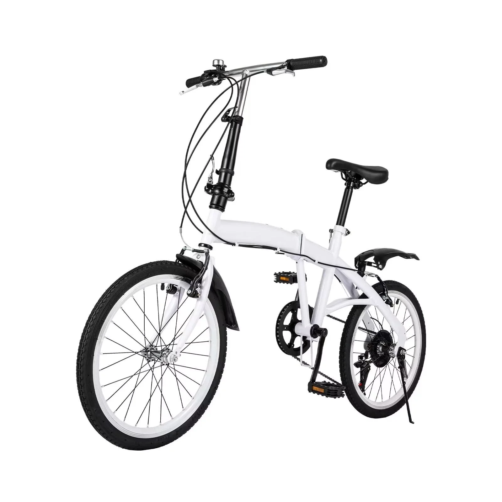 OUKANING 20" White Folding Bike Height Adjustable Foldable City Bike for Adult Commute Bicycle 6 Speed Gears with Mudguard