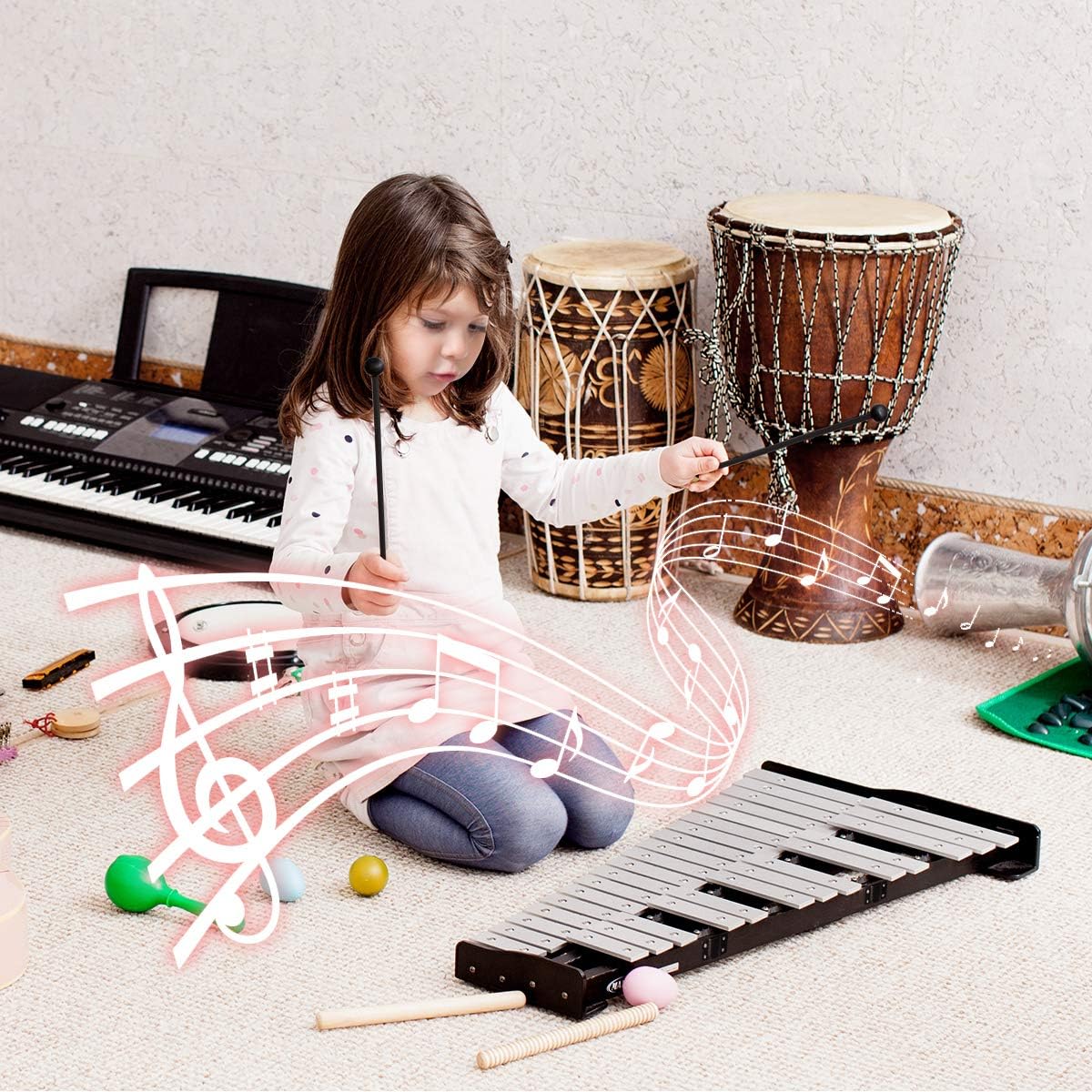 Giantex Percussion Glockenspiel Bell Kit 30 Notes, with Electroplated Adjustable Height Frame, Music Stand, an 8 Practice Pad, and a Pair of Bell Mallets & Wooden Drumsticks, Carrying Bag