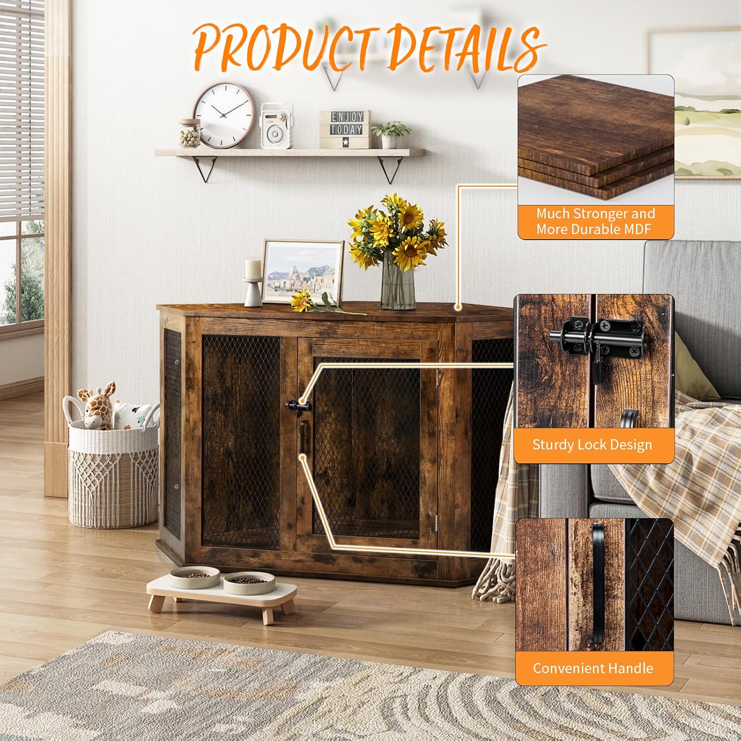 PUKAMI Corner Dog Crate Furniture,44/52inch Wooden Dog Kennel Furniture with Mesh,Decorative Wood Dog House for Indoor use,Dog Crate for Small/Medium/Large Dog,Perfect for Limited Room