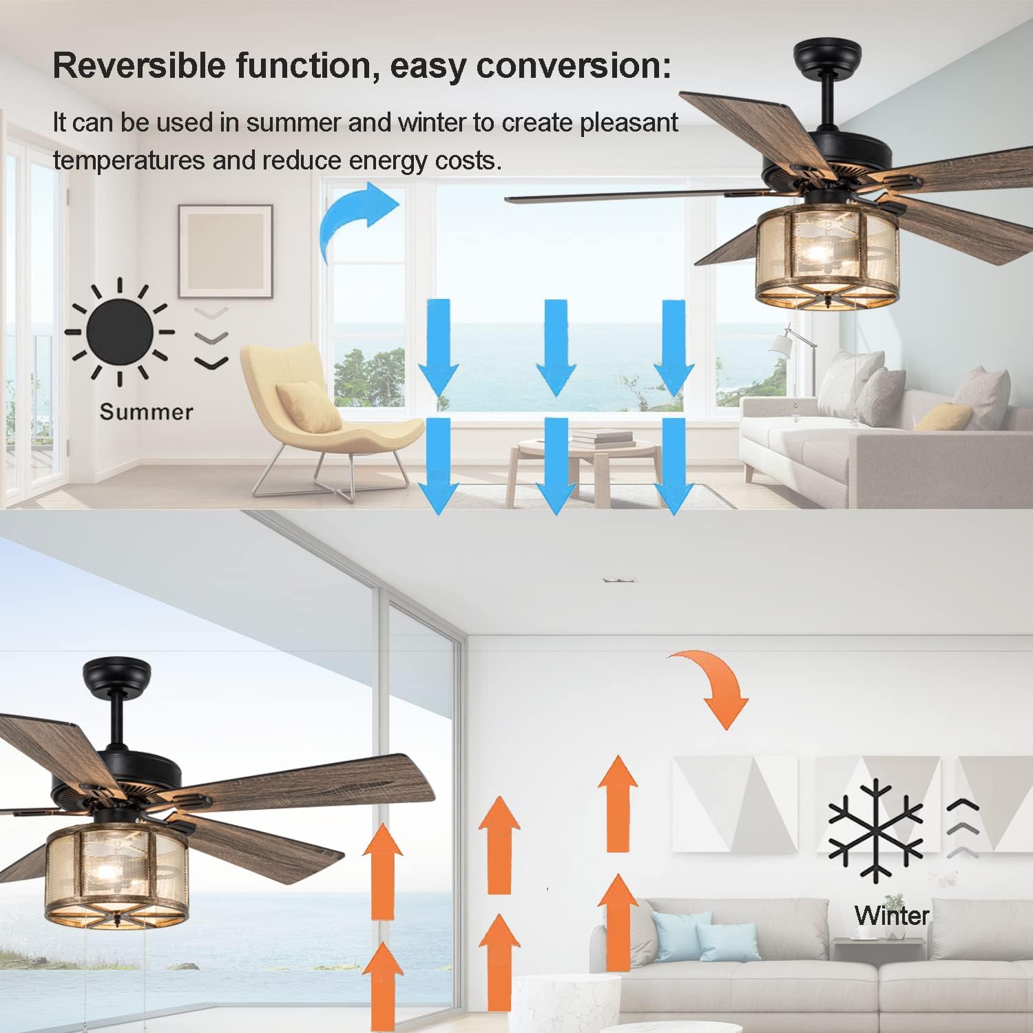 52”Farmhouse Ceiling Fan with Lights Remote Control, Caged Ceiling Fan with 5 Reverse Blades, Quiet Motor, 3 Speed Rustic Ceiling Fans for Living Room,Bedroom,Matte Black