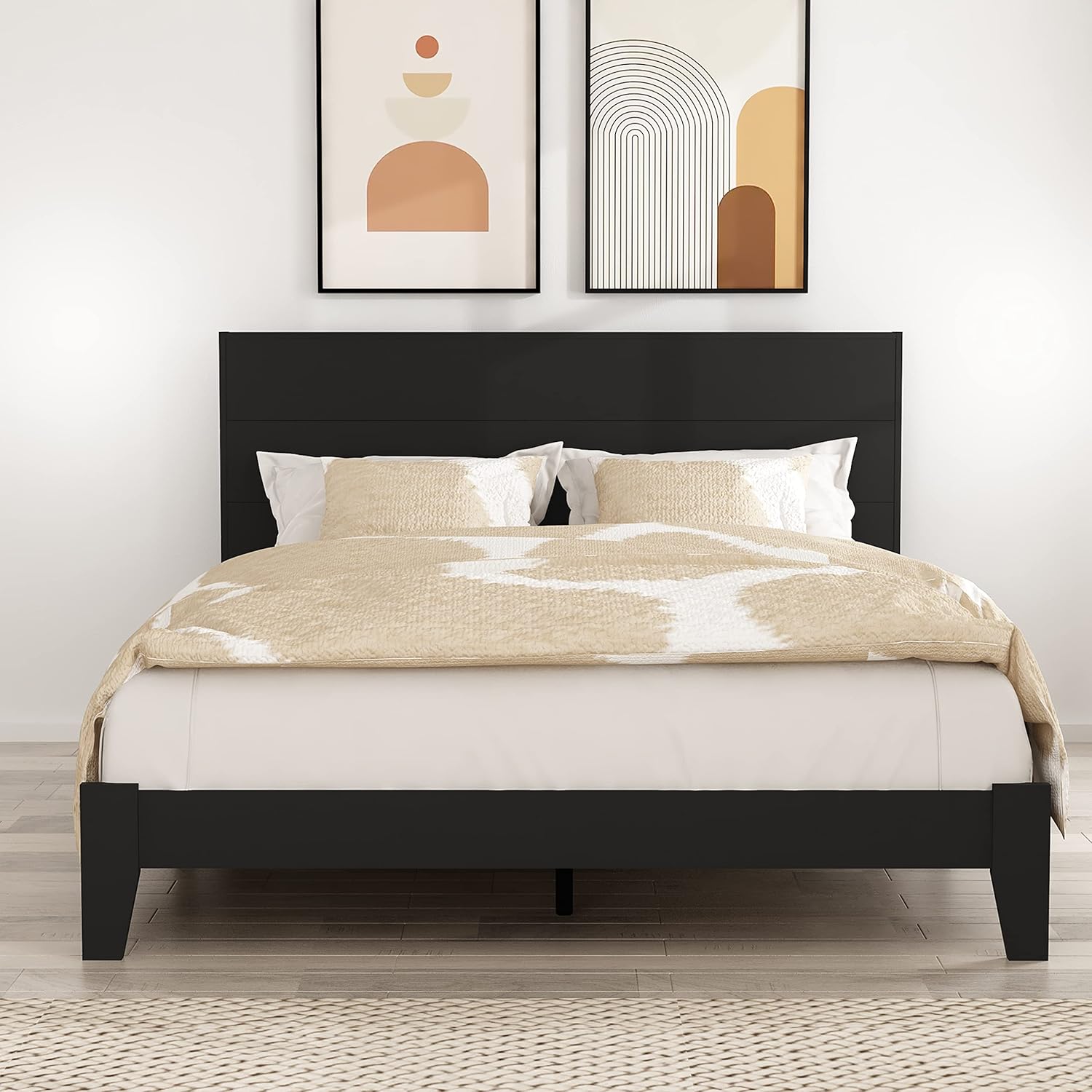 Galano Payne Deluxe Platform Queen Bed Frame with Headboard, Mattress Foundation with Wood Slat Support, No Box Spring Needed, 64.17" L x 85.31" W x 40.15" H, Black