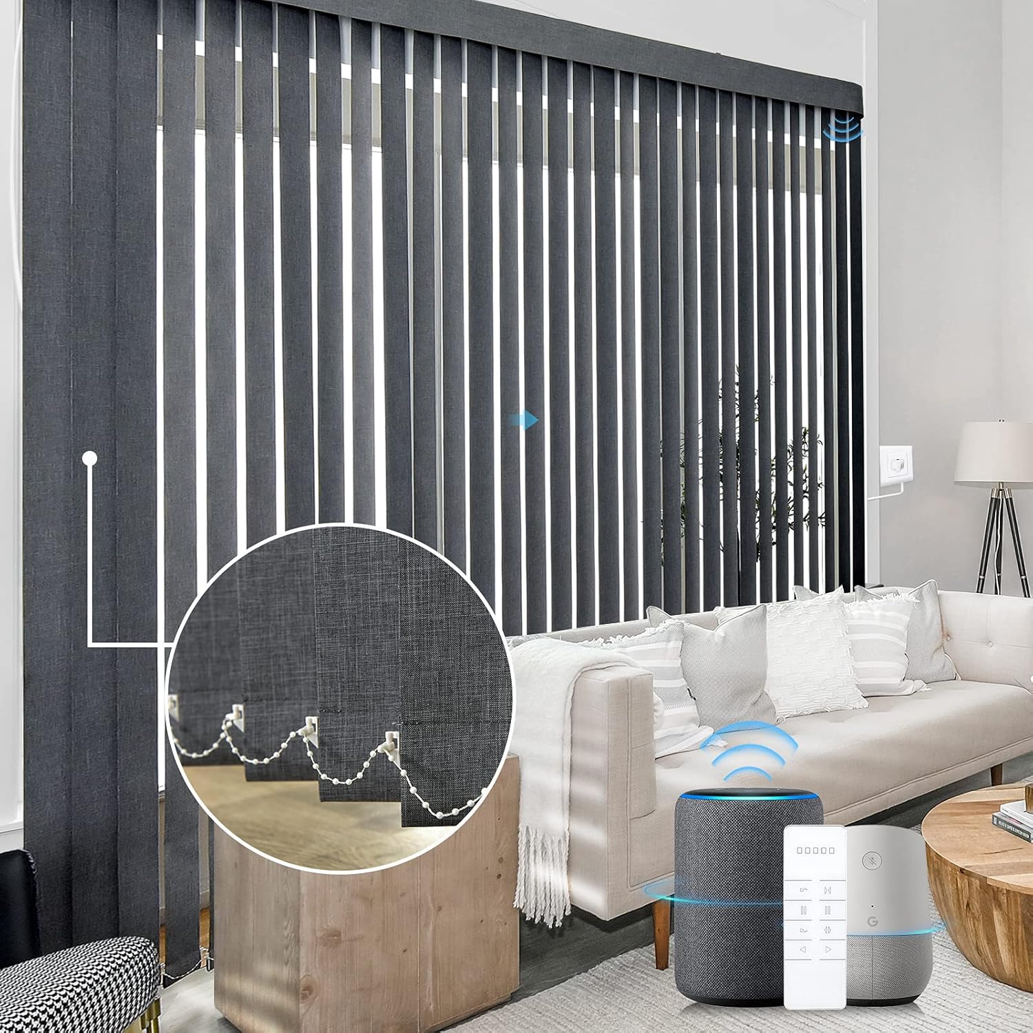 Graywind Motorized Half Shading Vertical Blinds Compatible with Alexa Google Privacy Smart Vertical Blind Remote Control Track Slats Set for Sliding Doors No Valance, Width Up to 157, Textured Khaki
