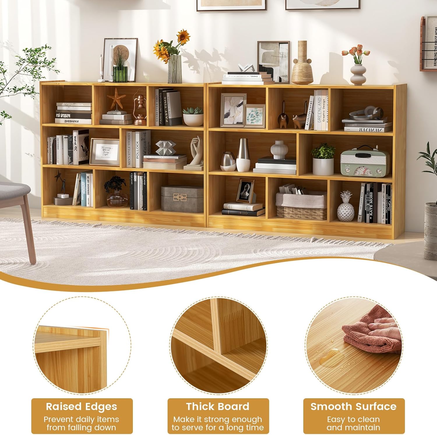 8 Cube Bookcase, 3-Tier Horizontal Bookshelf, Wooden Cube Storage Organizer for Home Office, Children's Rooms, Classroom, Under Winder Bookshelf (Yellow, 48” x 12.5” x 36.5”)