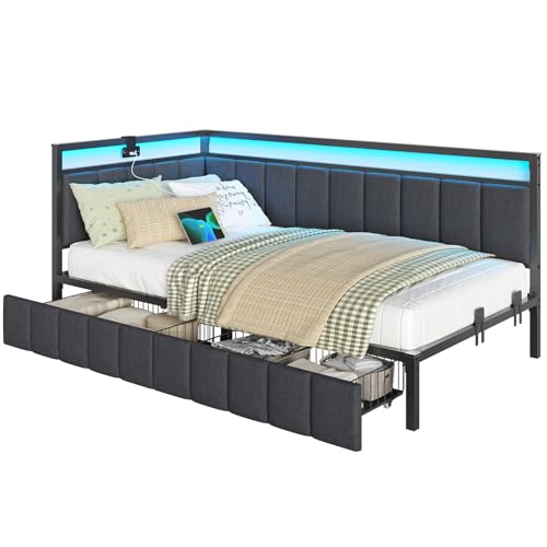 DICTAC Corner Full Bed Frame with 2 Storage Drawers and Charging Station Full Size Platform Bed Frame with Led Lights and Upholstered Guardrail Daybed for Living Room, Bedroom and Guest Room, Gray