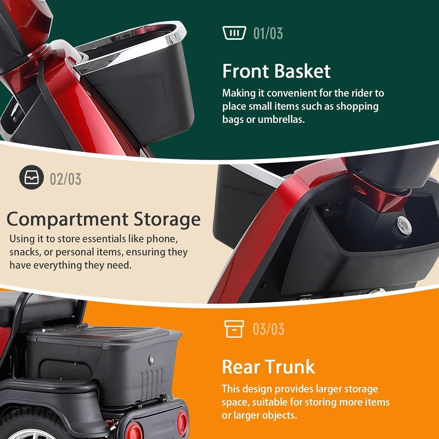 3 Speed Control 1000W 2 Seater Mobility Scooters with Bluetooth Speaker & 500lbs Weight Capacity, 36-Mile Range, Mobility Scooters at 15 MPH for Adults & Seniors, Red