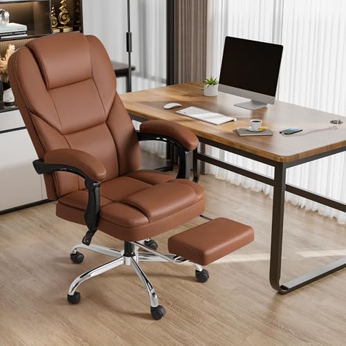 Executive Office Chair, Ergonomic High Back with Footrest, Reclining Leather Seats with Lumbar Support, Comfy with Double Thick Cushion, Big and Tall 500 Lbs Heavy Duty, Brown