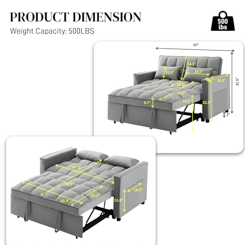 3 in 1 Convertible Sleeper Sofa Bed with Pullout Bed, Small Sofa, Loveseat Futon Sofa with Pillows, Pockets, Adjustable Backrest, Velvet Futon Couch Bed for RV, Living Room, Beige