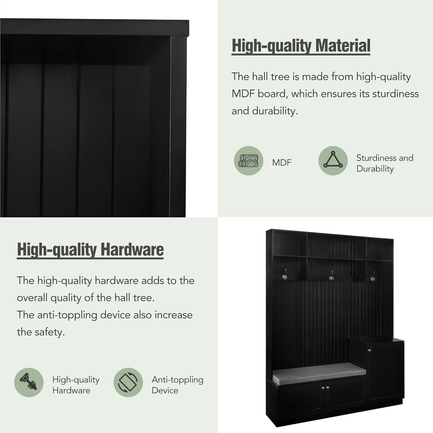 Entryway Hall Tree with Bench&cushion and Shoe Storage, Modern Elegant Design Shoe Cabinet Coat Rack with 3 Hooks for Hallway, Living Room, Black