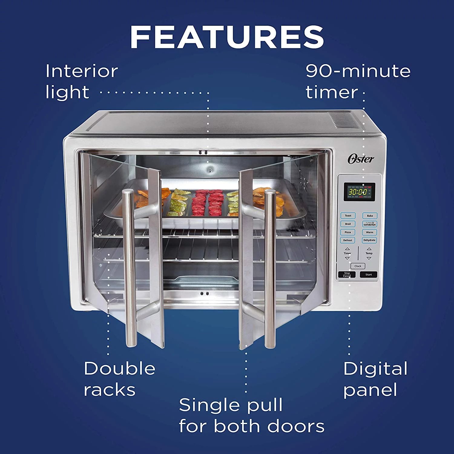 Oster Air Fryer Oven  10-in-1 Countertop Toaster Oven  XL Fits 2 16" Pizzas  Stainless Steel French Doors