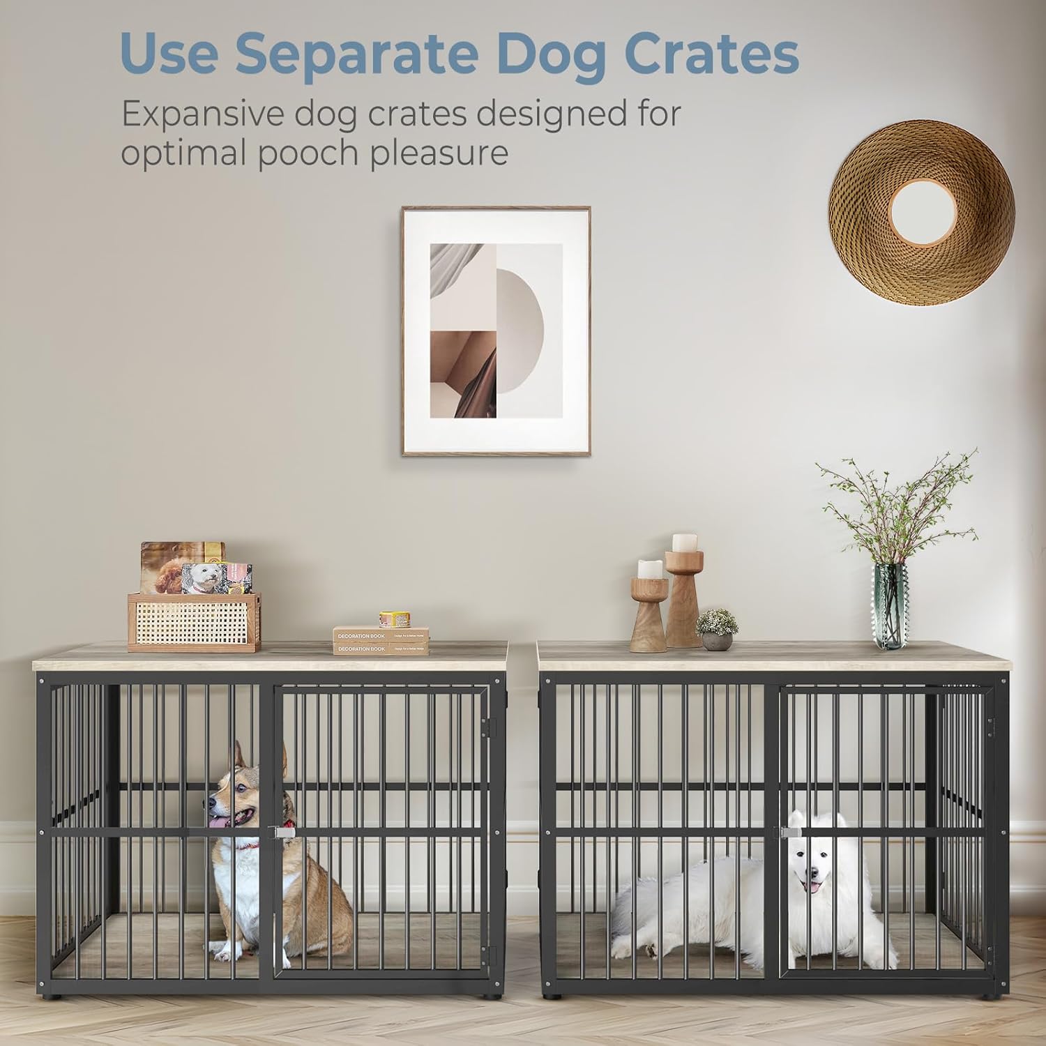 77.64''Dog Crate Furniture Large Breed TV Stand with Double Rooms,Wooden Dog Kennel Dog Crate End Table with Removable Divider for Large Medium Dogs, Can Use Separately