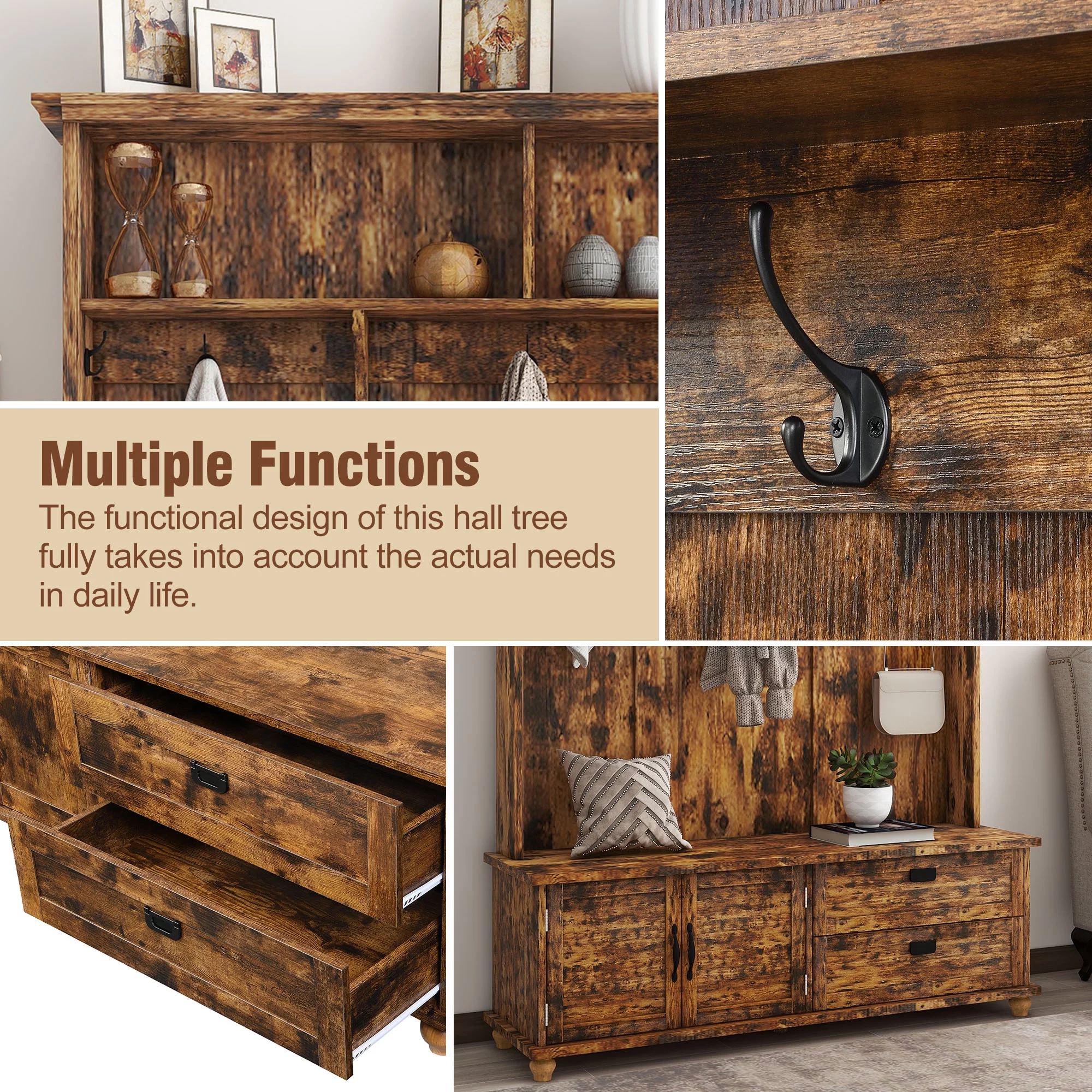 Modern Style Hall Tree with Storage Cabinet and 2 Large Drawers, Widen Mudroom Bench with 5 Coat Hooks, Rustic Brown
