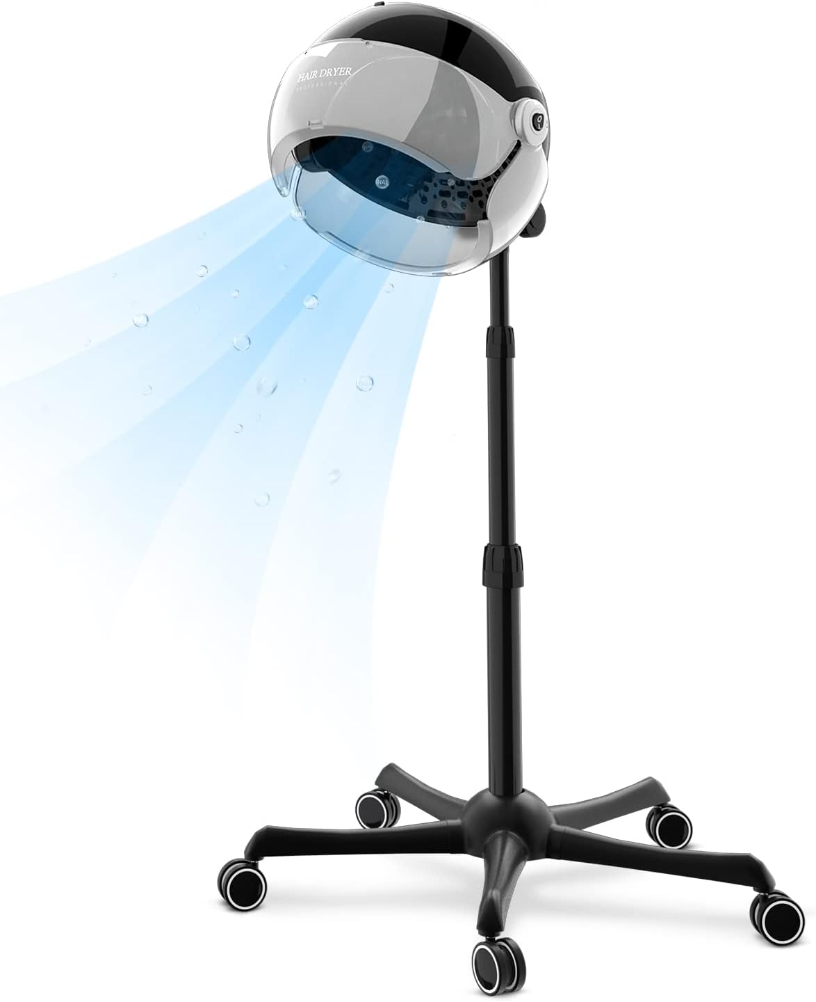 Ionic Hooded Hair Dryer, 1875W Professional Height Adjustable Standing Hair Dryer Bonnet with 3 Temperature Settings, Portable Salon Dryer with Rolling Wheels for Home & Hairstylist