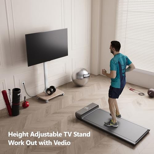 FITUEYES Rolling TV Stand with Power Outlets, Swivel Portable TV Stand for 32-75Inch LCD LED OLED Flat/Curved Panel Screen TVs, Height Adjustable&Wood Base, Mobile TV Cart Holds up to 99Lbs.