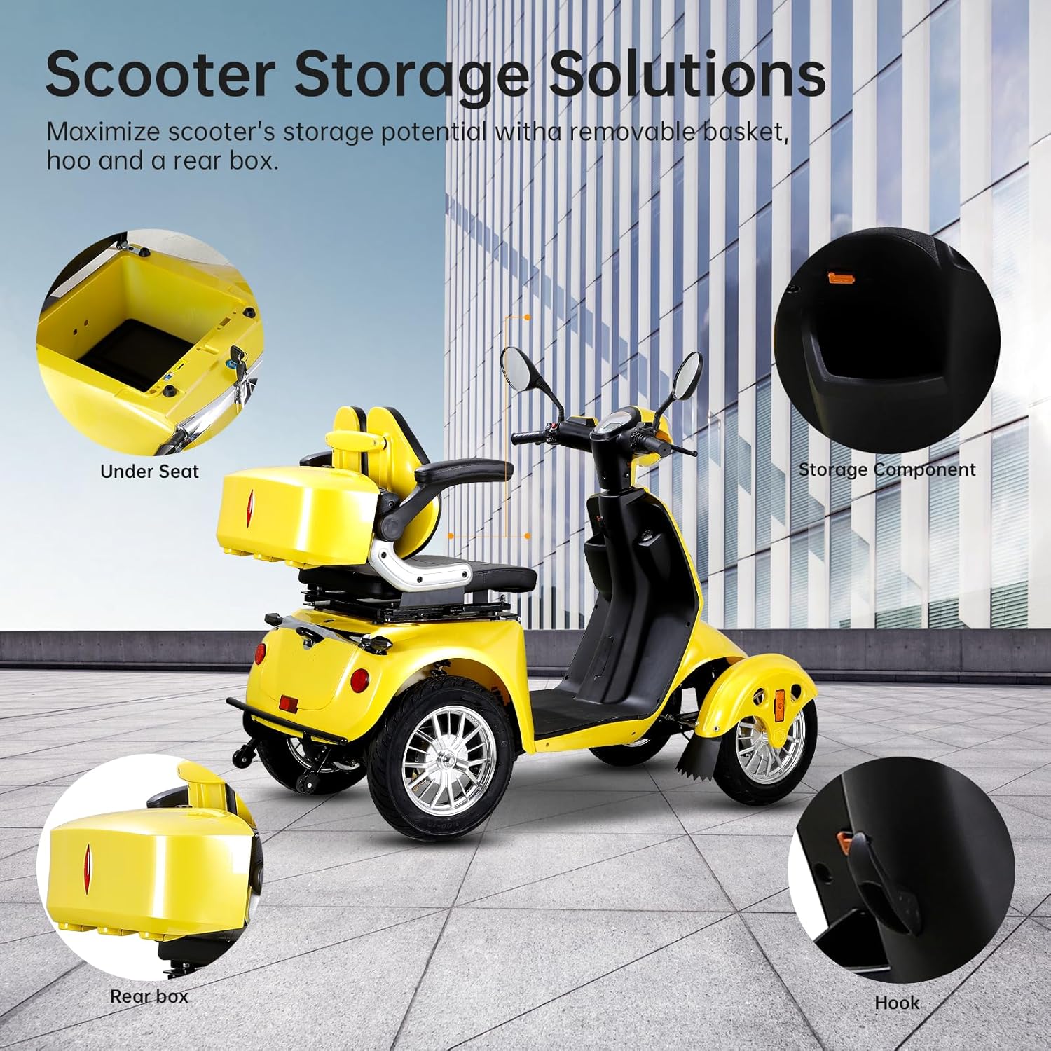 800W Heavy Duty 4 Wheel Mobility Scooters for Seniors & Adults 500lbs Capacity, Powered Mobility Scooters with 3-Speed Control & USB Charger Port, Under Seat Storage, Yellow