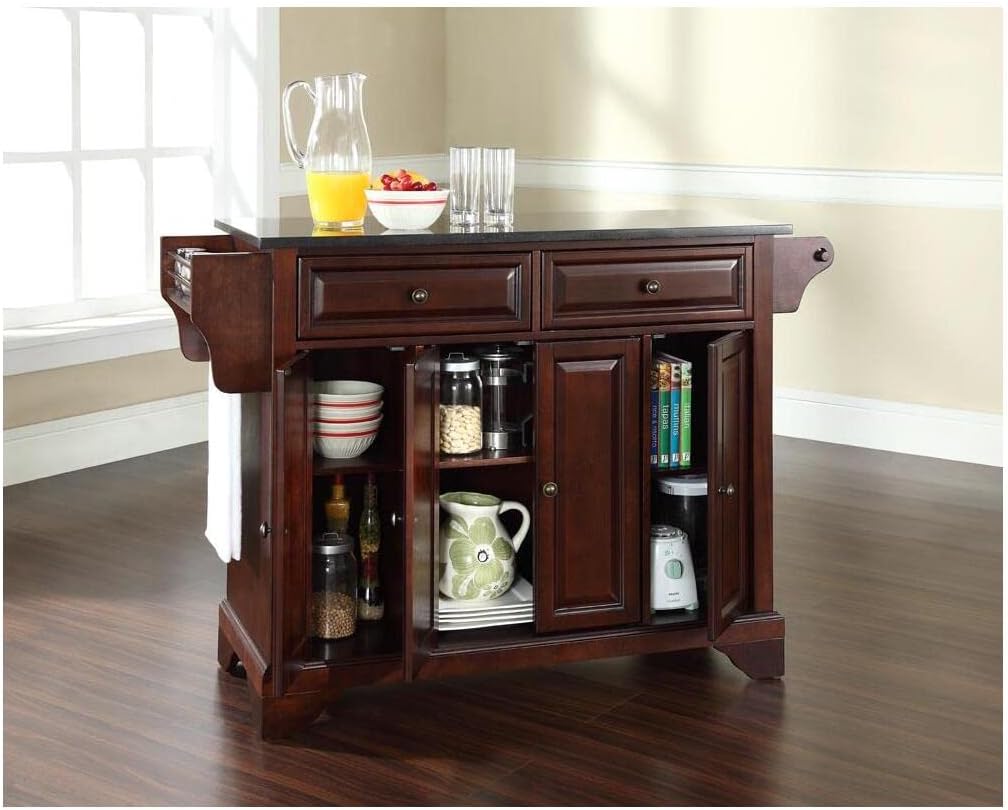 Rustic Retreat Granite Top Full Size Kitchen Island,Spacious Countertop,Portable Design,Modern Kitchen Furniture,Convenient,/Cart White/Black