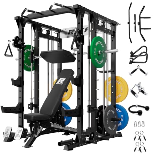 RitFit Buffalo Smith Machine, Power cage with LAT-Pull Down System & Cable Crossover System, All-in-One Squat Rack for Home Gym, Power Rack