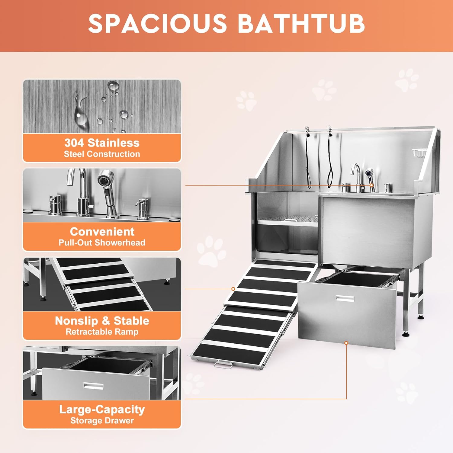 CO-Z Professional Dog Bathing Station, 50 in. Dog Grooming Tub with Nonskid Retractable Ramp for Large Dogs, Stainless Steel Dog Washing Station with Swivel Faucet Pull Out Showerhead Storage Drawer