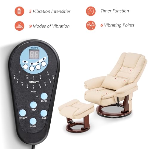 MCombo Recliner with Ottoman Chair Accent Recliner Chair with Vibration Massage, Removable Lumbar Pillow, 360 Degree Swivel Wood Base, Faux Leather 9096 (Cream White)