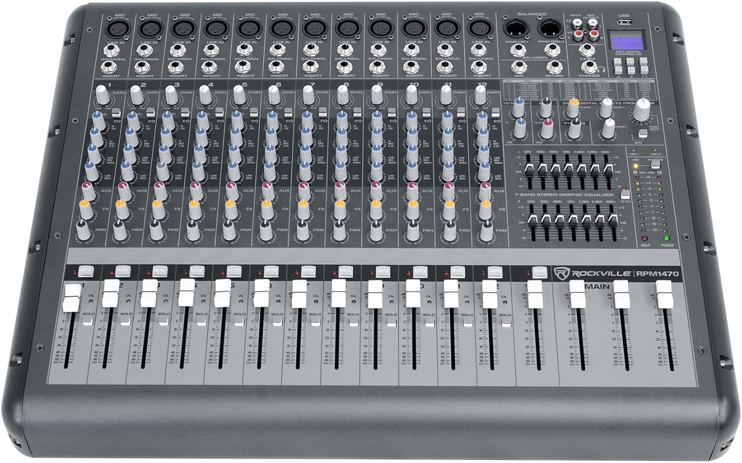 Rockville 12 Channel 4800w Powered Mixer, 7 Band EQ, Effects, USB, 48V (RPM109)