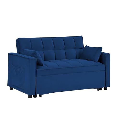 55" Velvet Convertible Sofa Sleeper w/2 Detachable Arm Pockets, Pull-Out Couch Bed Loveseat with Adjustable Backrest, for Office Living Room Apartment, 87inch, Beige