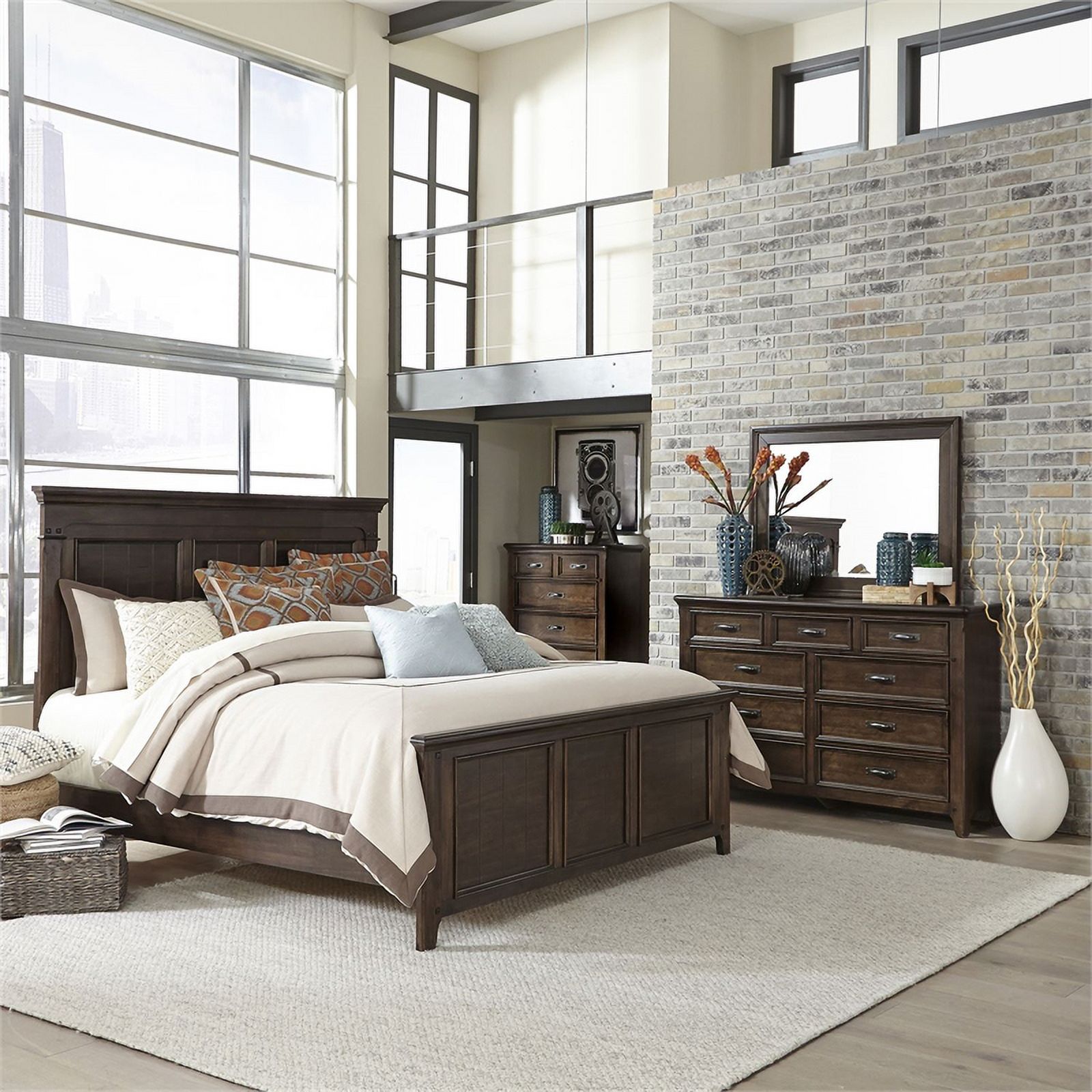 2 Piece Wooden Bedroom Set with Queen Panel Bed and 9 Drawer Dresser