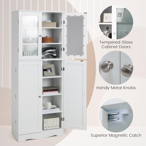 LOKO 63.5" Tall Kitchen Pantry Storage Cabinet, Utility Food Buffet Cabinet with Glass Doors, Storage Shelves, Door Racks, Freestanding Cupboard for Dining Room, Living Room (White)