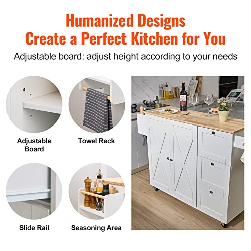 VEVOR Kitchen Island Cart with Solid Wood Top, 35.4" Width Mobile Carts with Storage Cabinet, Rolling Kitchen Table with Spice Rack, Towel Rack, and Drawer, Portable Islands on Wheels, White