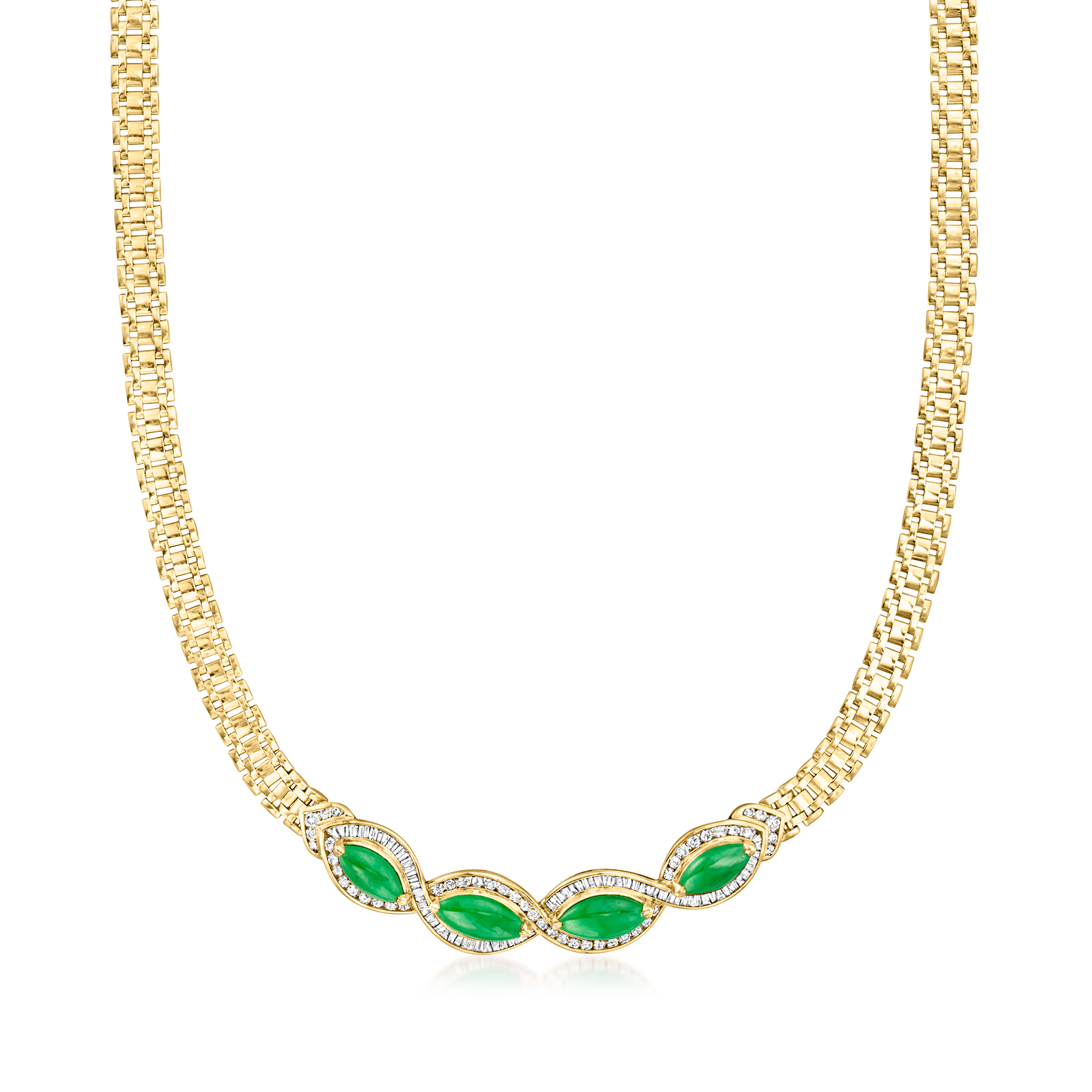 Ross-Simons C. 1980 Vintage Jade and 1.80 ct. t.w. Diamond Necklace in 18kt Yellow Gold, Women's, Adult, Pre-Owned