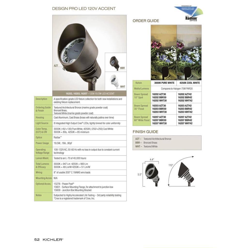 Kichler 3000K Landscape LED 19.5W Accent Light 60-Degree - Brass - 16207BBR30