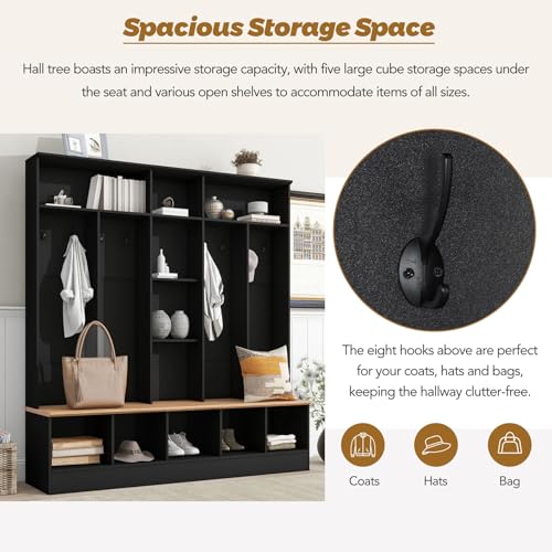 Wide Hall Tree with Shoe Storage Bench, Minimalist Entryway Bench with Coat Rack, Cube Storage and Shelves, Multifunctional Mudroom Bench with Storage and 8 Hooks for Entryway, Hallway (White)