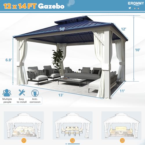 EROMMY 14'x20' Hardtop Gazebo Double Roof Galvanized Steel Canopy Outdoor Aluminum Frame Permanent Metal Pavilion with Netting and Curtains for Patio Backyard Deck and Lawns