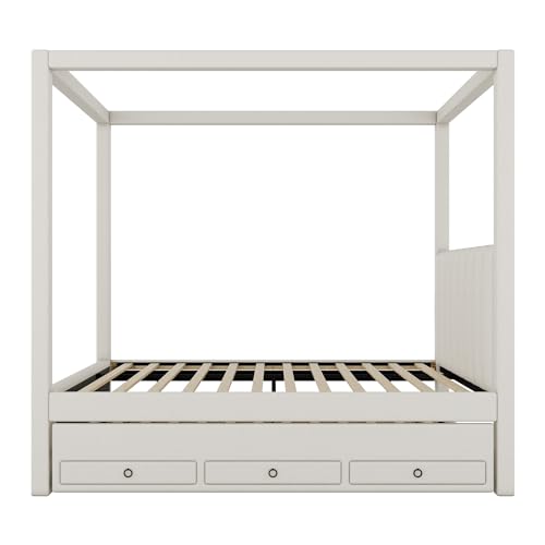 Twin Size 4 Poster Bed Canopy Bed with Upholstery Headboard, Built-in Trundle and 3 Drawers, for Kids Teens Adults, Beige