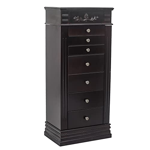 WEI WEI GLOBAL Jewelry Armoire Cabinet with Flip Top Mirror and Compartments - Large Standing Jewelry Chest - Wooden Jewelry Storage Box Organizer - Black