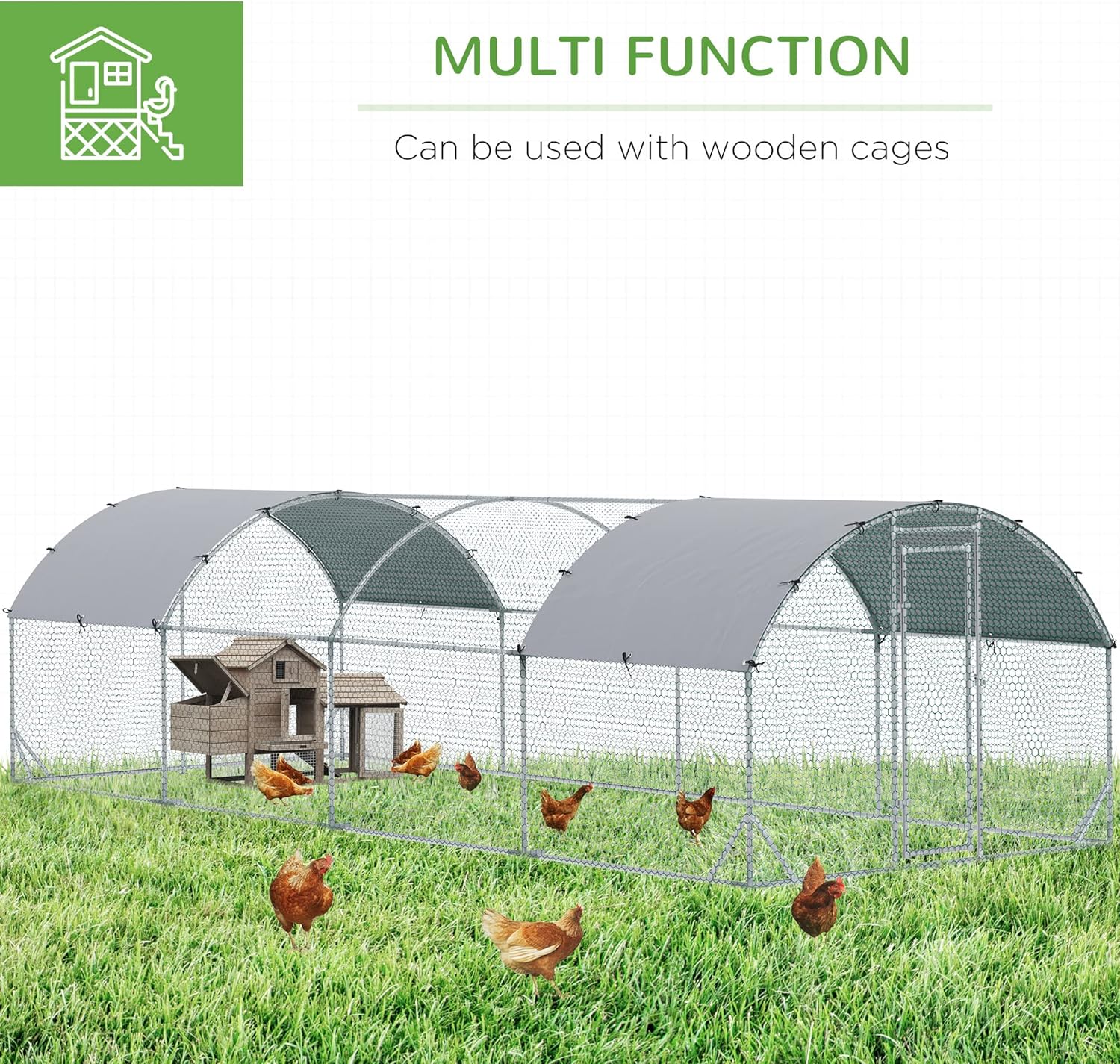 PawHut Chicken Run Large Metal Chicken Coop with Waterproof and Anti-UV Cover, Dome Shaped Walk-in Fence Cage Hen House for Outdoor and Yard Farm Use, 1" Tube Diameter, 9.2' x 24.9' x 6.5'