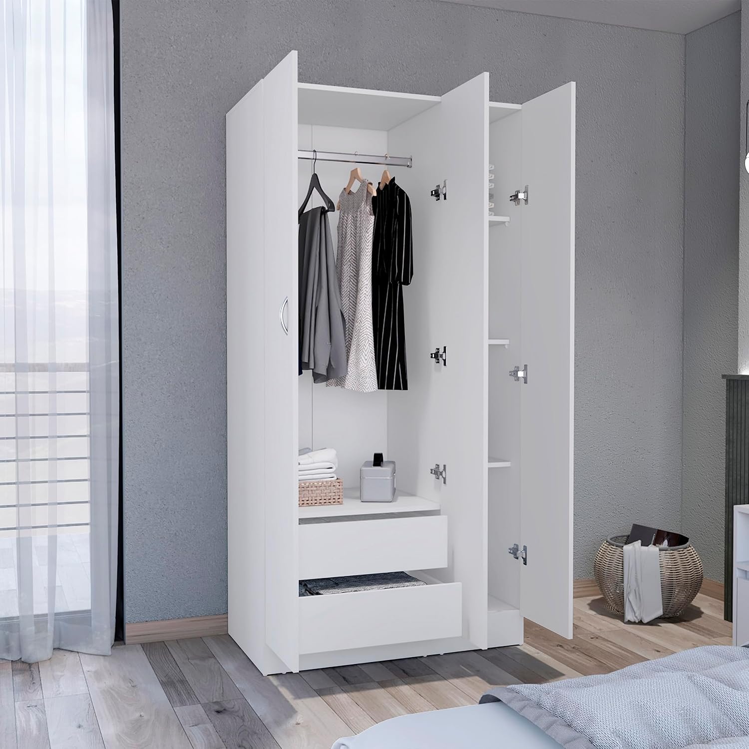 Wardrobe Armoire 71H with 3-Doors and 2-Inner Drawers, 3 Doors, White