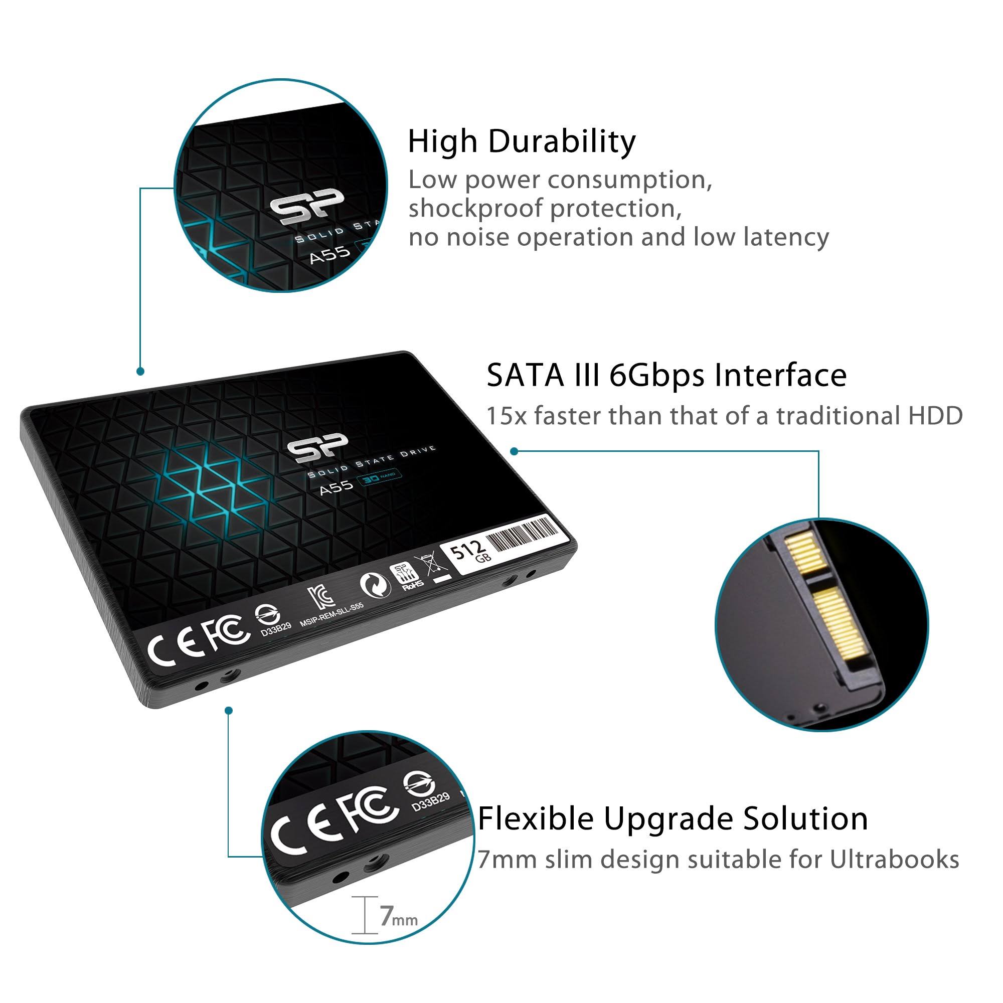Silicon Power A55 SSD 3D NAND SLC Cache Performance Boost SATA III 2.5x22 7mm (0.28x22) Internal Solid State Drive 512GB