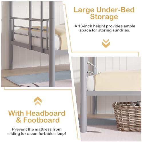 VECELO Metal Loft Bed Twin Size, Heavy Duty Bedframe with Removable Ladder and Safety Guardrail, Space-Saving, Noise Free, No Box Spring Needed, Off White