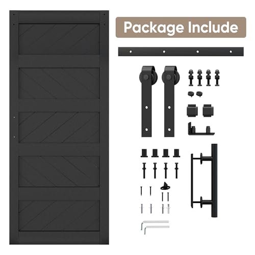 JUBEST 36" x 84" Barn Door, Slding Barn Door Kit Wave Shape Barn Door Panel with Hardware Kit Include, Easy Installation, Solid Wood, MDF & PVC Covered, Black