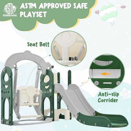 6 in 1 Toddler Slide with Swing Playset, Climbing Toys Indoor Outdoor for Toddlers 1-3, Kid Slide with Swing with Climber Basketball Hoop & Telescope, Freestanding Baby Playground
