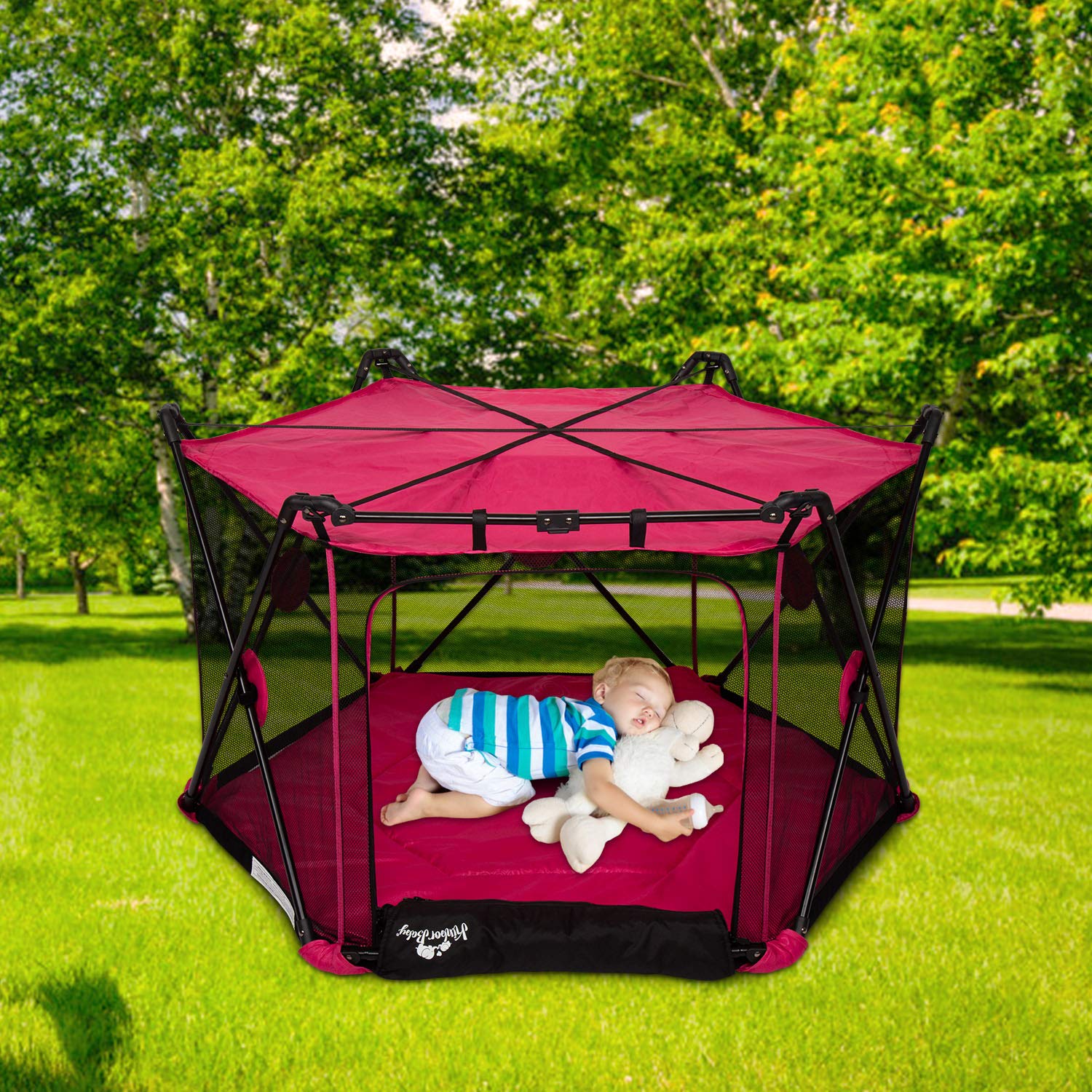 Kinbor Baby Portable Playard Play Pen for Infants and Babies - 2 in 1 Lightweight Mesh Baby Playpen with Carrying Case - Easily Opens，Indoor and Outdoor (Red)